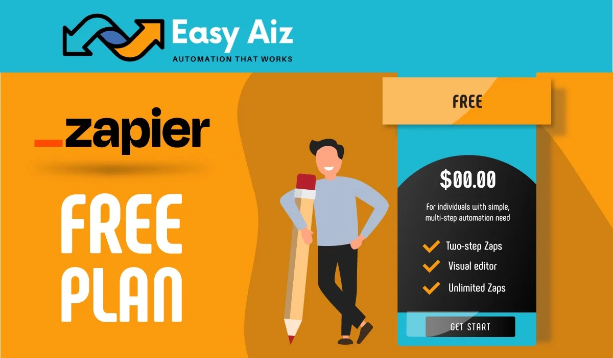 Zapier free plan and standing a man with a large size of pencil