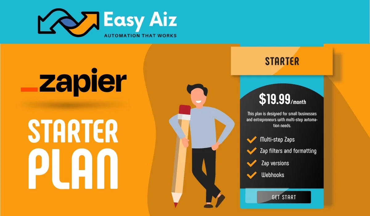 Zapier Starter Plan and a standing man with large size of pencil