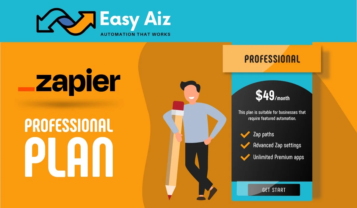 Zapier Professoinal Plan and a standing man with large size of pencil