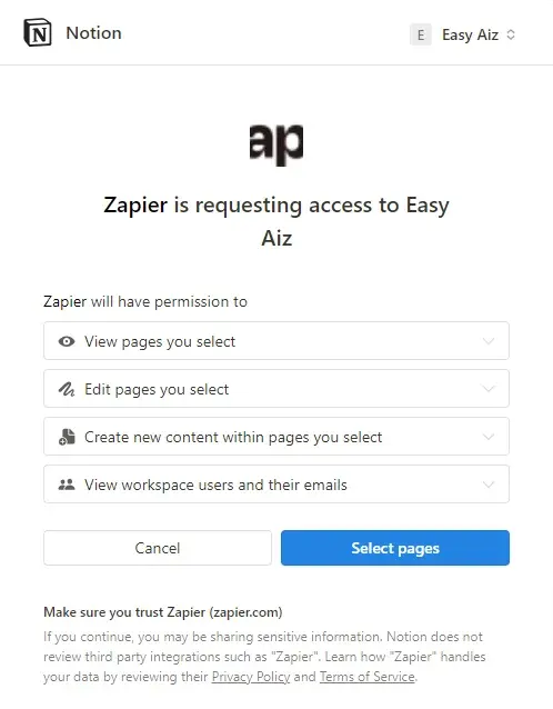 accessing workspace by selecting the pages to give Zapier the access