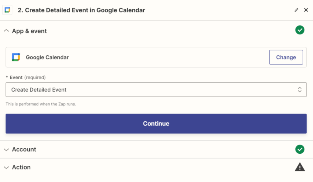 create the detailed event in Google Calendar in zapier Zap