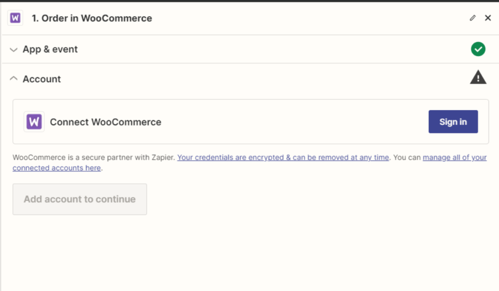 A Zapier step having woocommerce as trigger on connect account
