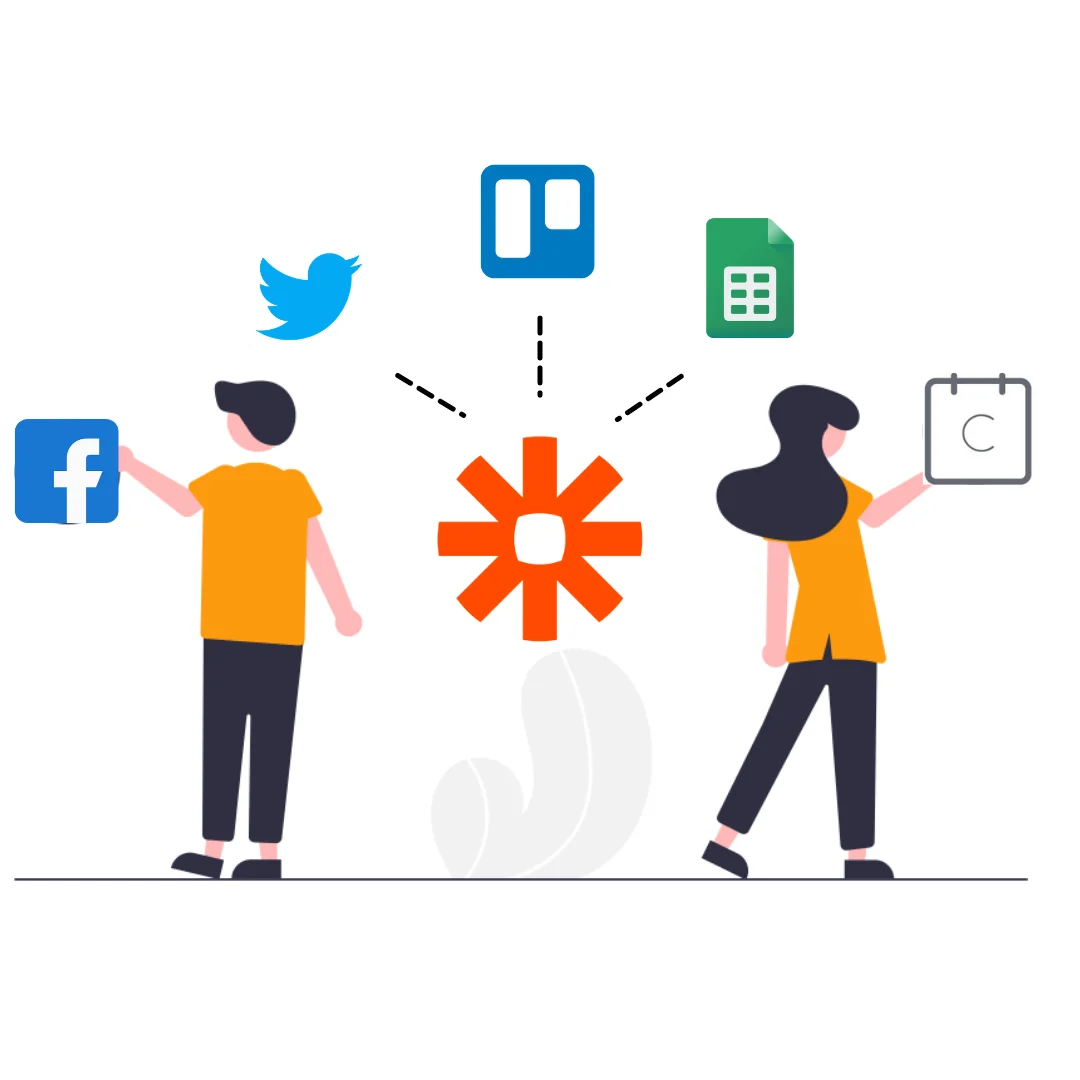 A boy and girl stand around the Zapier and some icons are shown up which shows Zapier Integration