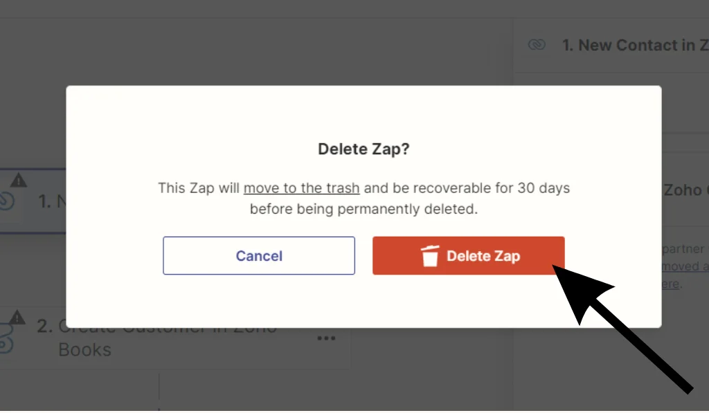 Clicking on a Delete Zap button