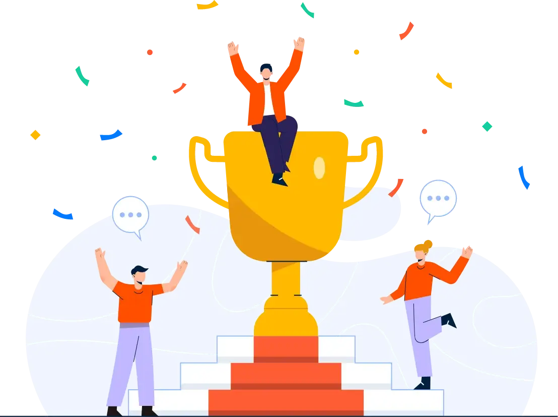 Illustration of people celebrating a trophy winner on a podium