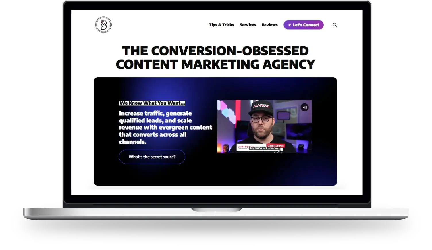 Day by Day Digital homepage featuring a video of Justin Day and text about increasing traffic, generating leads, and scaling revenue with evergreen content