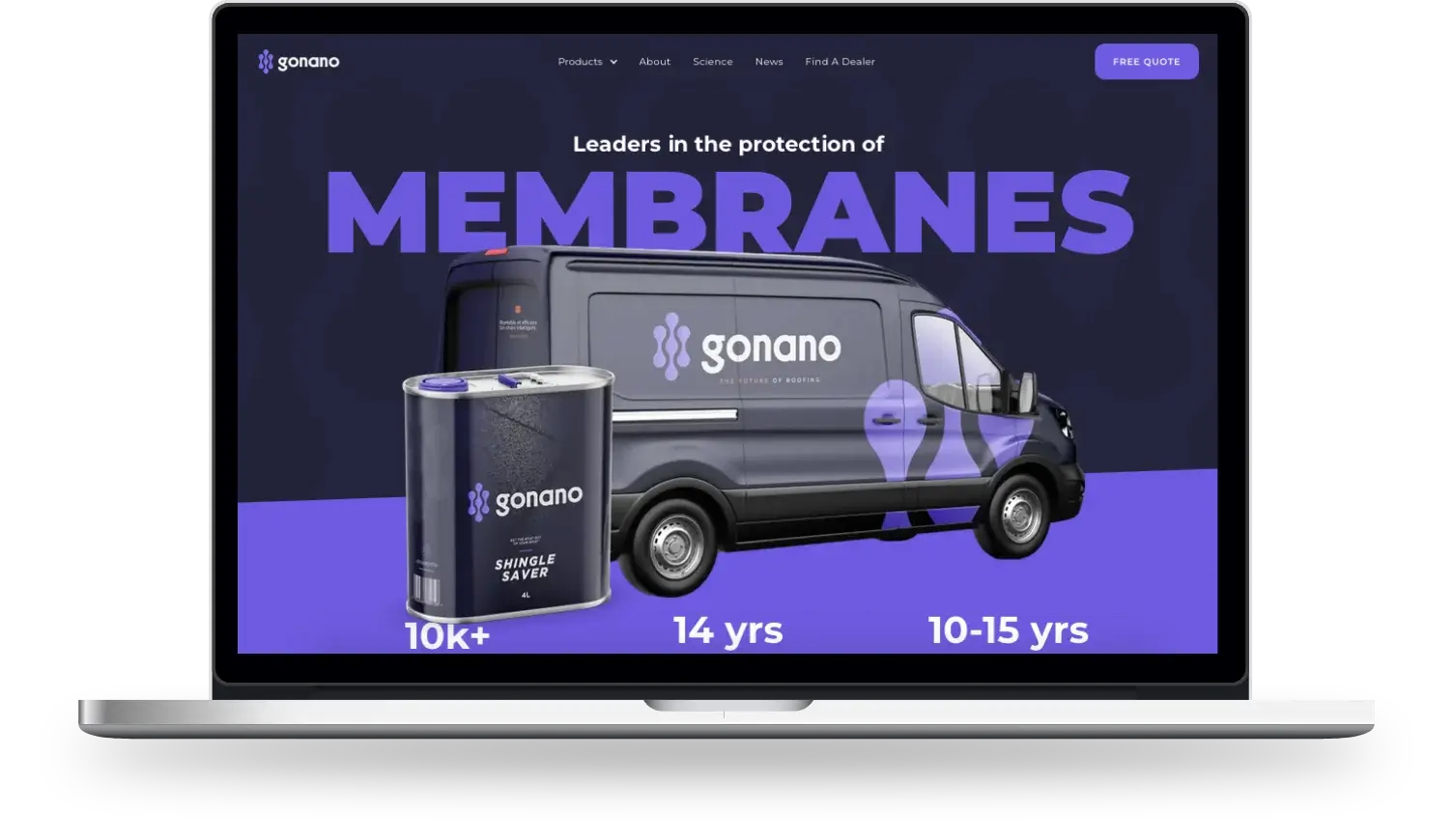 Gonano branded van and product containers for membrane protection, highlighting the company's expertise in roofing solutions