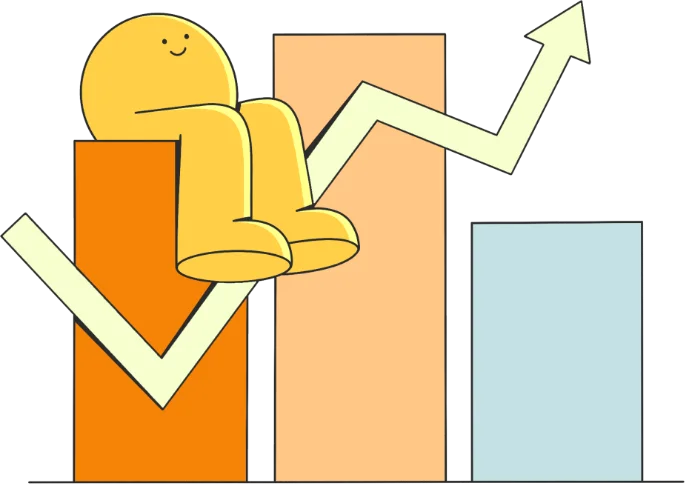 A character sitting on a rising growth chart, symbolizing business success